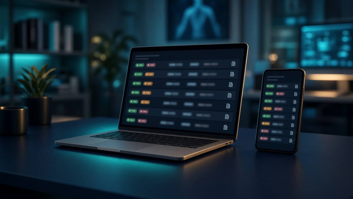Silent illustration of a laptop and phone showing a data check. Not a live validation result.